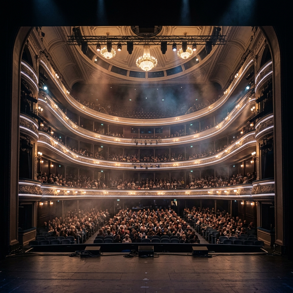 An HCT audience watching a stage show with soft lighting reflecting off their faces