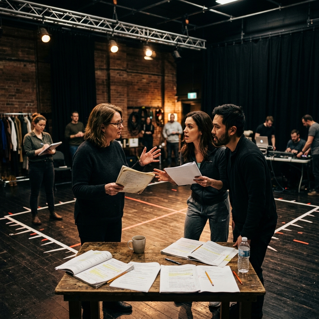 Actors collaborating closely during a rehearsal session at Hillsboro Civic Theater